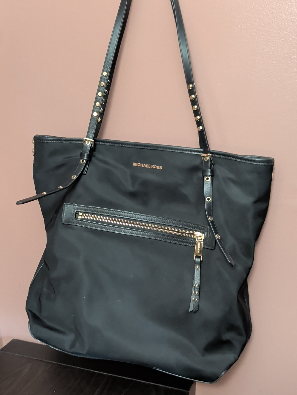 Michael Kors Black Nylon Shoulder Tote with Gold Hardware